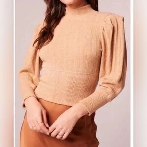 NWOT Band Of The Free BOG Raquel Camel Ribbed Knit Puff Sleeve Sweater XS Tan